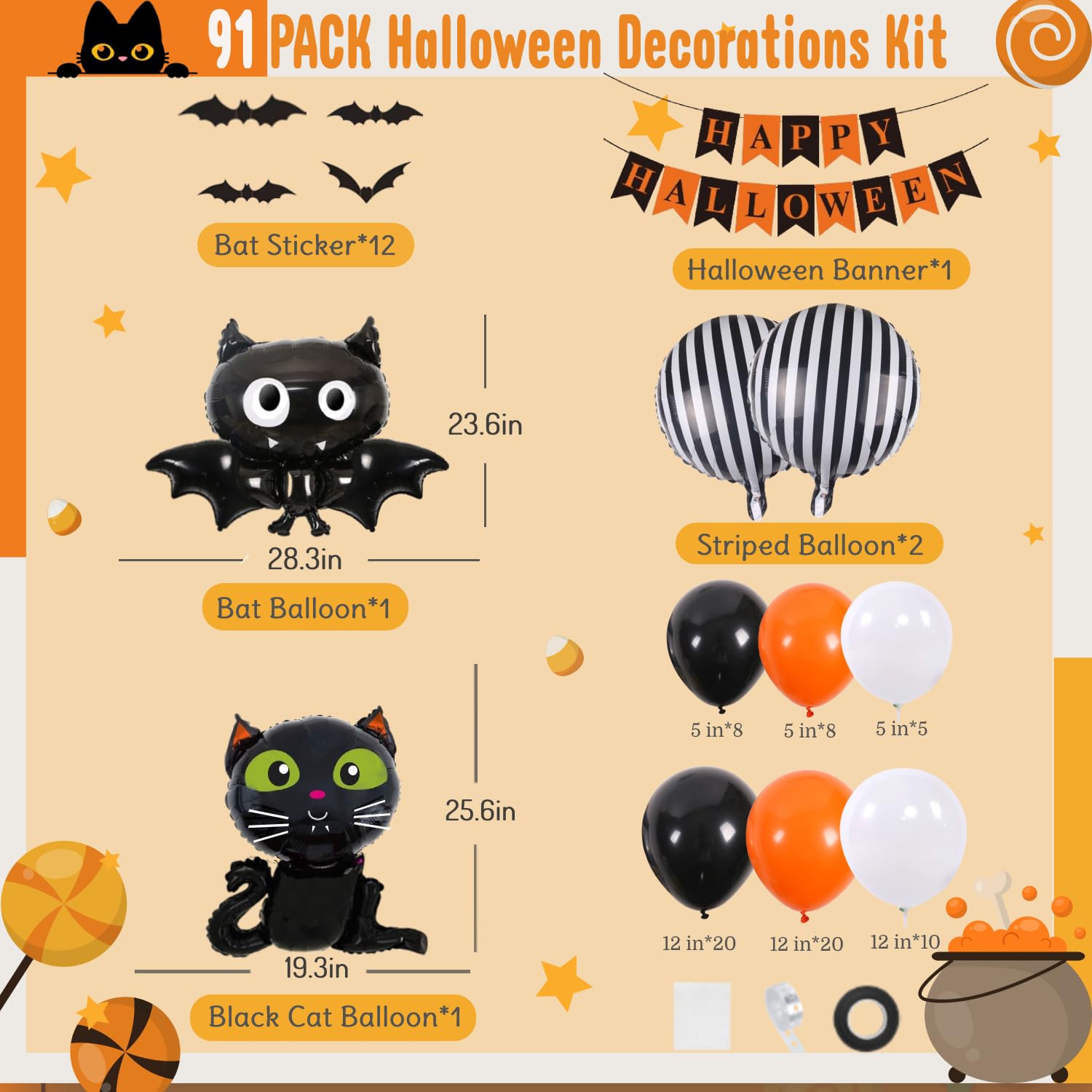 Halloween Balloon Garland Arch Kit, Halloween Party Decorations with Bats & Black Cat Foil Balloons Black Orange White Balloons, Happy Halloween Banner, Halloween Party Decor Supplies