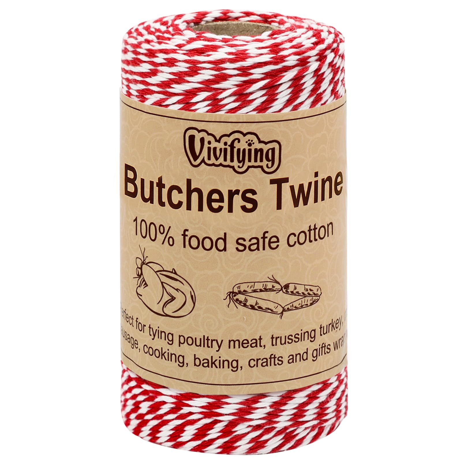 Vivifying Butchers Twine, 328 Feet 2mm Food Safe Cotton Red and White Cooking Twine, Ideal for Trussing Turkey, Roasting, Baking, Bacon, Pumpkin Bread, Festive Holiday Kitchen Use & Gift Wrapping