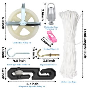 Outdoor Clothesline Kit, 150ft Polyester Clothesline Rope Heavy Duty, Clothes Line Pulley, Nylon Clothesline Pulley Kit, Clotheslines S Separator Spreader, Clothesline Tightener, Hooks