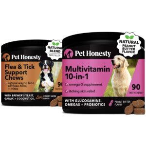 pet honesty flea and tick prevention & multivitamin bundle: natural flea chews & dog vitamins with glucosamine for skin and coat (bacon & peanut butter 90 ct)