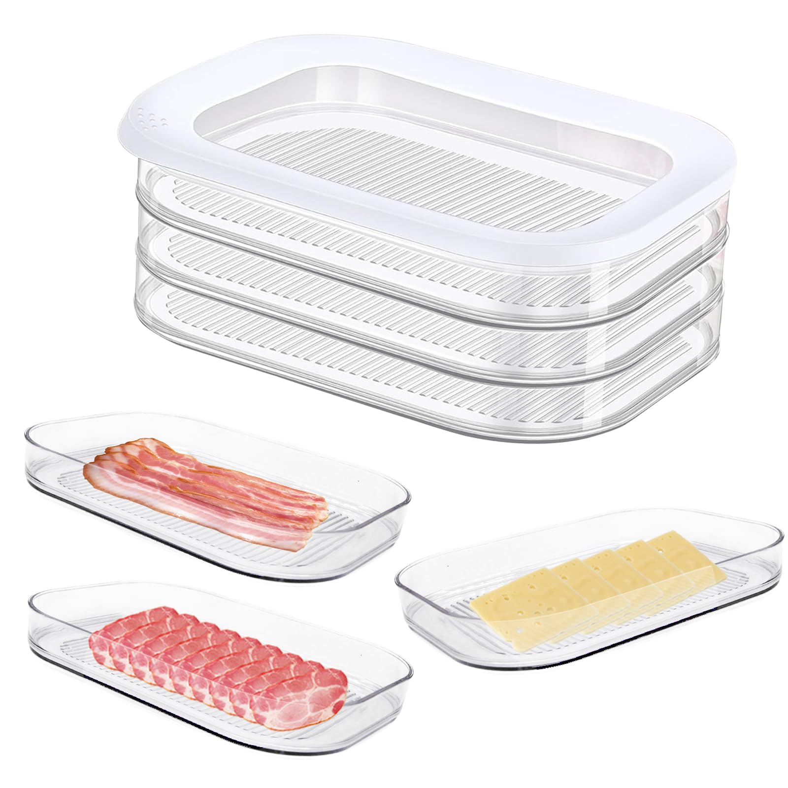 Deli Meat Container for Fridge, Lunch Meat Container with Lids for Refrigerator, 3 Layer Stackable Meal Prep Containers, Food Storage Boxes for Bacon, Cheese, Ham, Cold Cuts, Salami, Clear 1Pack