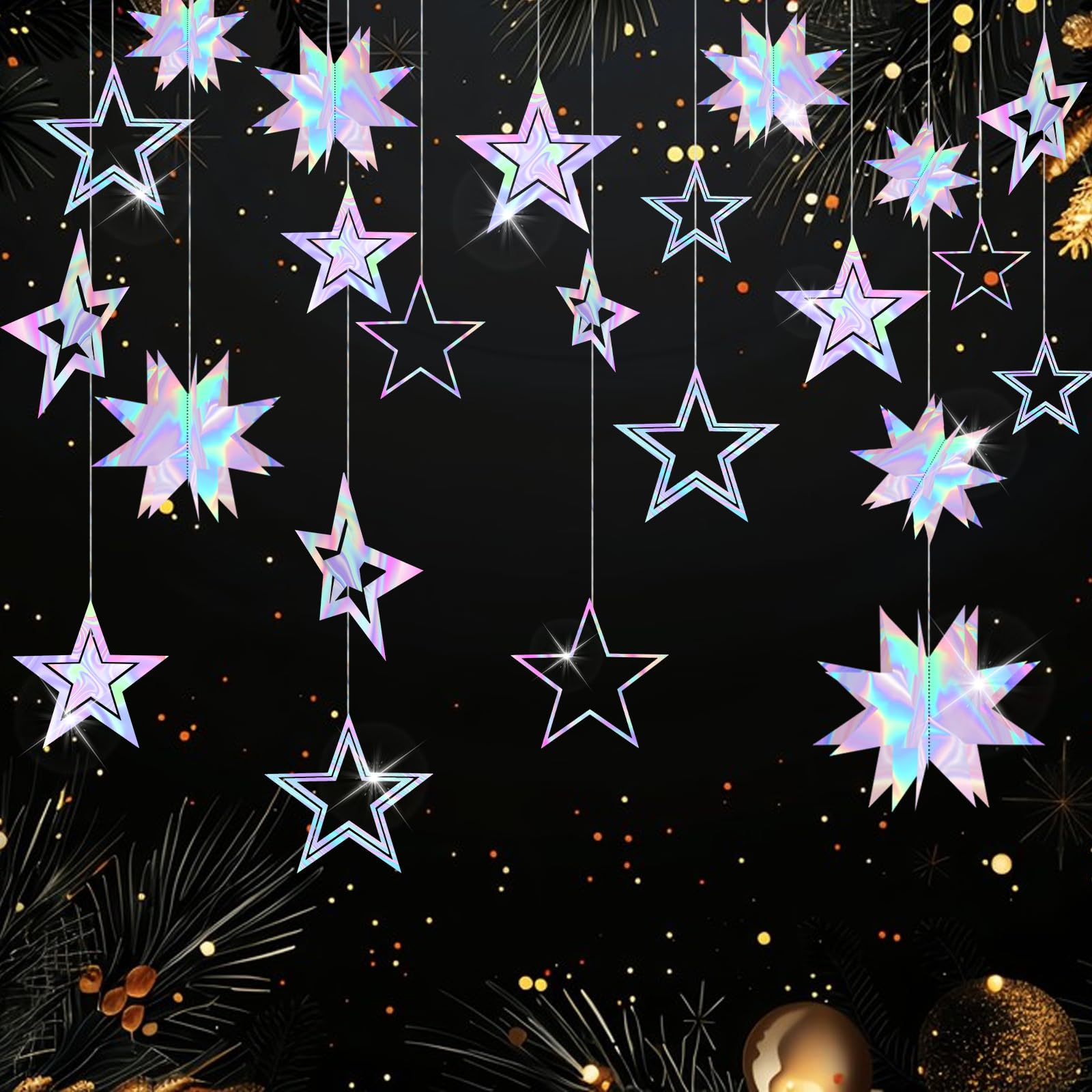 Fumwase Iridescent Star Party Decoration 3D Star Decorations Hanging Paper Garland Holographic Twinkle Little Stars Garlands for Christmas Graduation New Year Birthday Bachelorette (Iridescent)