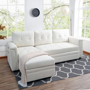 Naomi Home L-Shaped Sectional Sleeper Sofa with USB Ports - Convertible Pull-Out Bed, Ample Storage, Timeless Design, Durable Construction, White/Air Leather