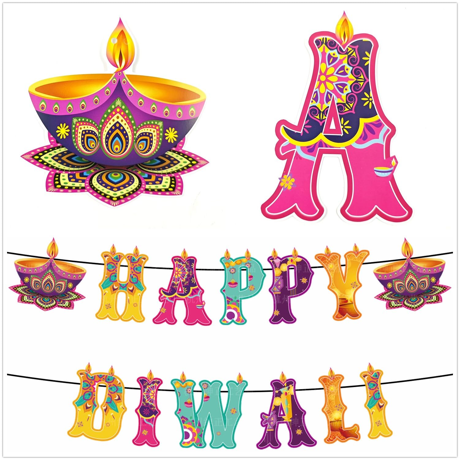 KYMY Happy Diwali Hanging Banner, Deepavali Rangoli Themed Hanging Pennants Wall Sign, Indian Festival of Lights Paper Cards Banner for India Festival Diwali Party Decorations