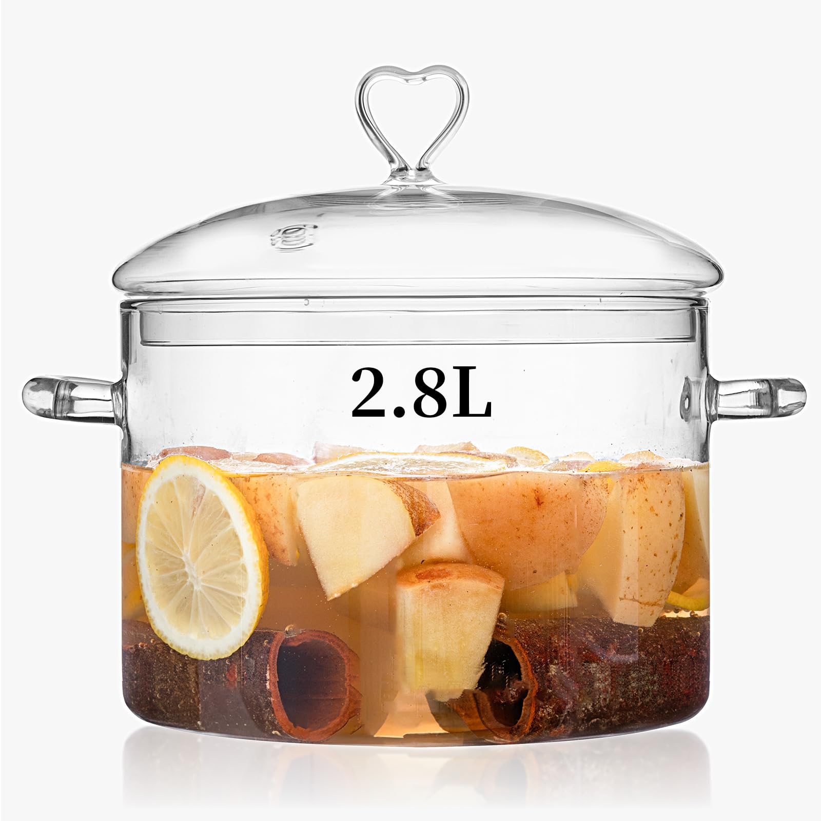 2.8L Glass Pot, Heart Shape Lid, 2800ml/3Qt/95oz, Simmer Pot, Heat Resistant Glass Pots for Cooking on Stove, Glass Cooking Pot, Borosilicate Glass Oven Gas Electric Stove Safe Soups Pasta Potpourri