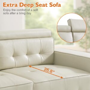 RESTREAL 83.8” Leather Sofa Couches for Living Room, Modern 3 Seater Comfy Sofa, Loveseat Sofa with Wide Armrest, Adjustable Backrest, Small Couches for Small Spaces, Apartment, Office (Beige)