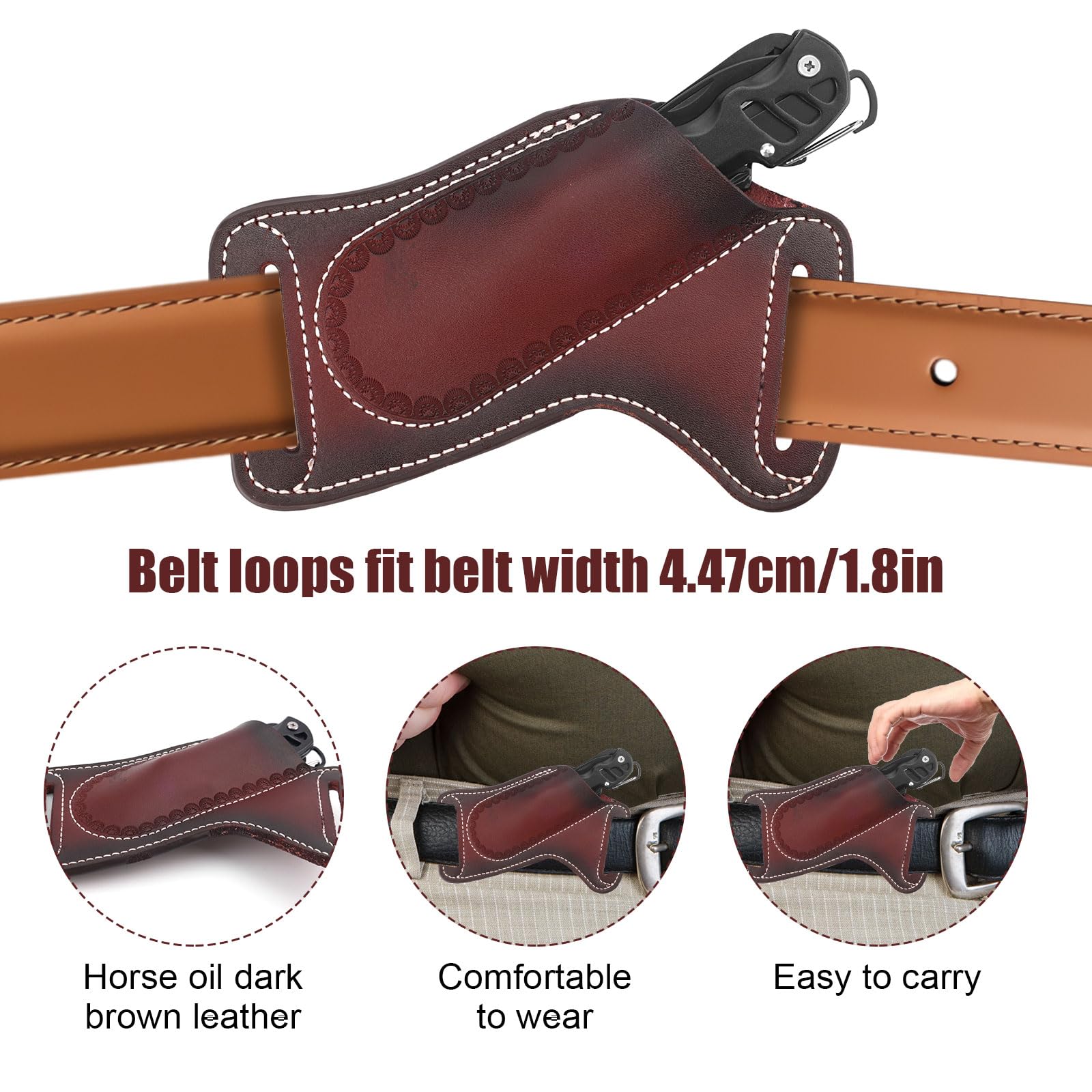 Leather Knife Sheath for Belt, Pocket Knife Sheath Knife Holster Belt Folding Pocket Knife Holder Compact Draw Knifes Carrier for EDC Tools Men Gift (Dark Brown)