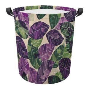 laundry basket hamper green and purple leaves waterproof dirty clothes hamper collapsible washing bin clothes bag with handles freestanding laundry hamper for bathroom bedroom dorm travel