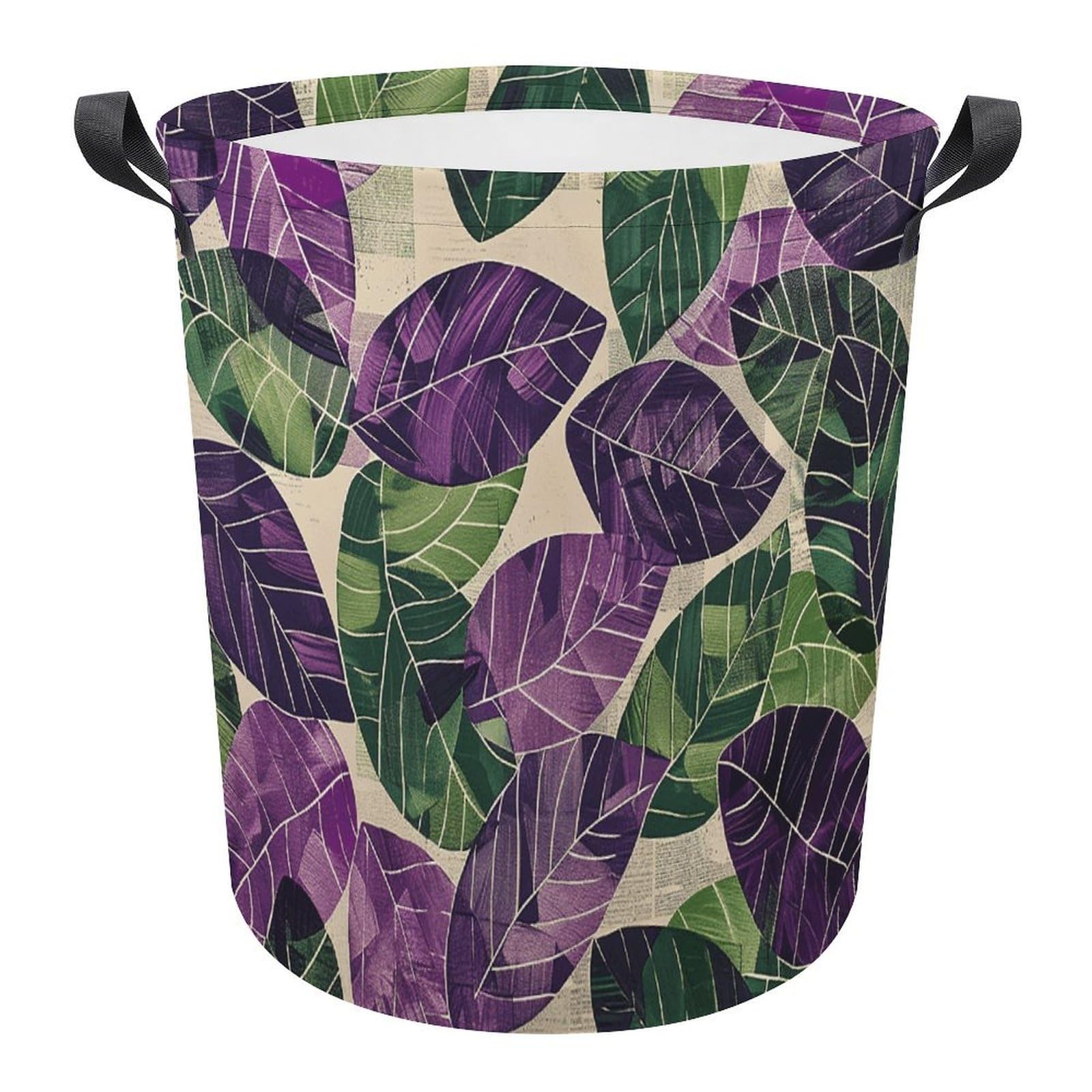 Laundry Basket Hamper Green And Purple Leaves Waterproof Dirty Clothes Hamper Collapsible Washing Bin Clothes Bag with Handles Freestanding Laundry Hamper for Bathroom Bedroom Dorm Travel