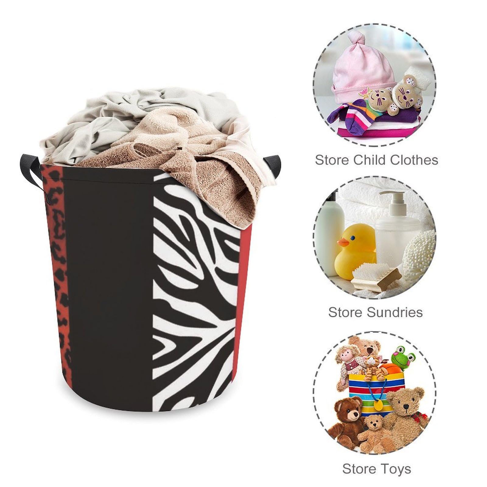 Red Leopard And Zebra Animal Print Laundry Basket Large Round Canvas Laundry Hamper with Handles Foldable Storage Bin for Dirty Clothes Hamper Bedroom Bathroom