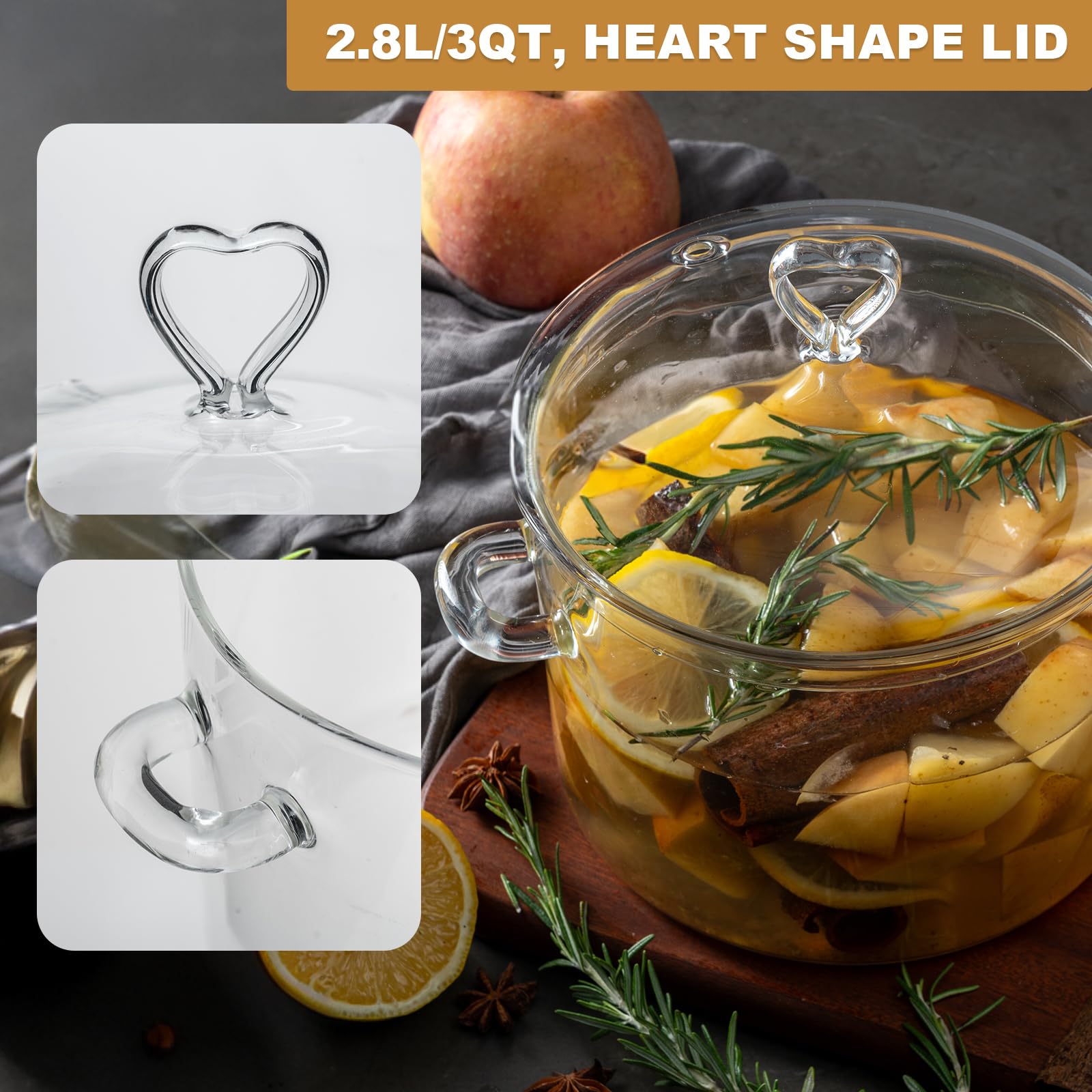 2.8L Glass Pot, Heart Shape Lid, 2800ml/3Qt/95oz, Simmer Pot, Heat Resistant Glass Pots for Cooking on Stove, Glass Cooking Pot, Borosilicate Glass Oven Gas Electric Stove Safe Soups Pasta Potpourri