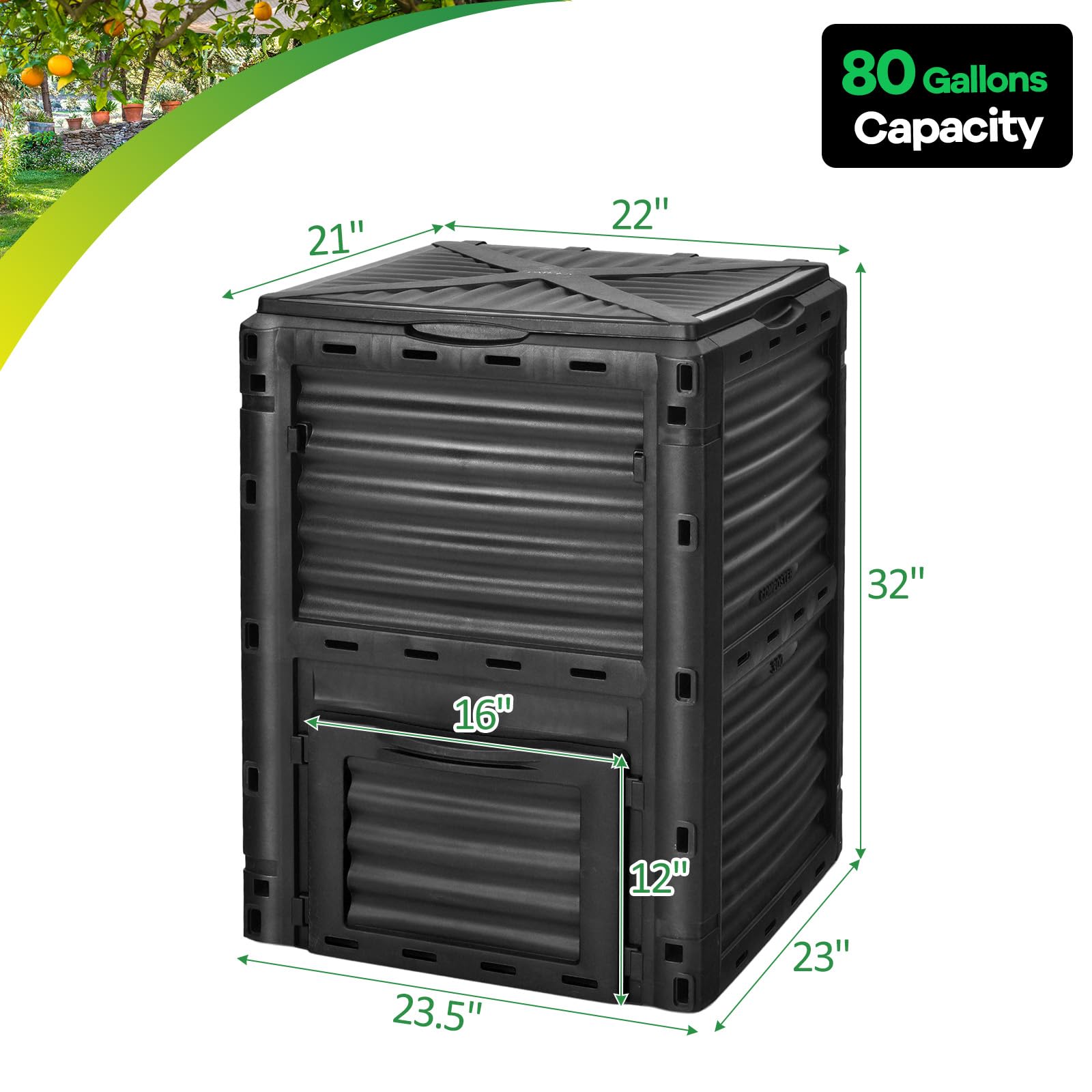 Goplus Compost Bin, 80 Gallon (300 L) Large Outdoor Composting Box w/Top Flip Latch-on Lid, Bottom Exit Door, BPA Free Material, Grass Food Trash Composter Barrel for Garden Yard (Black)