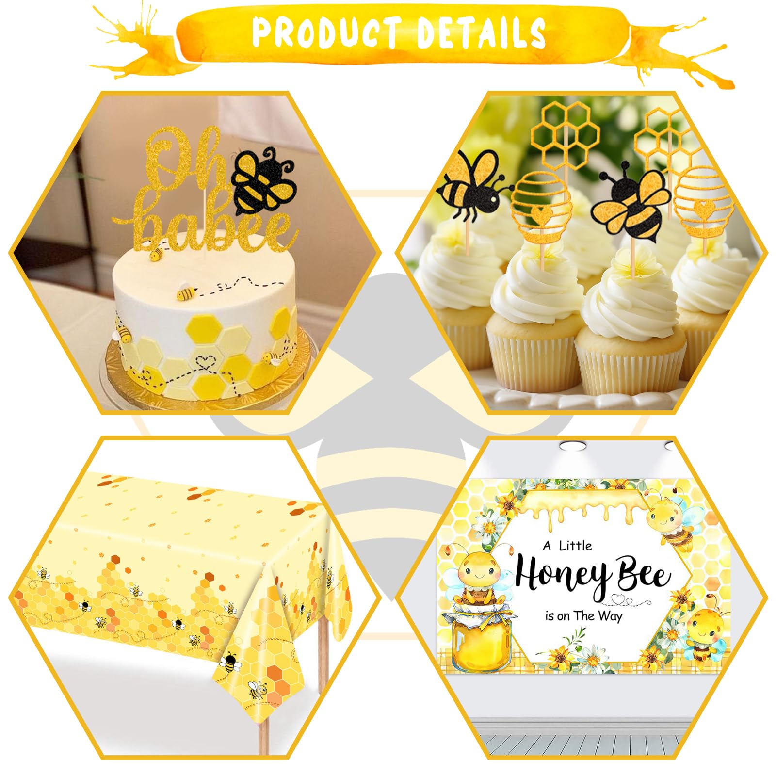 Party Inspo Bee Baby Shower Decorations, Bumble Bee Baby Shower Decor, A Little Honey is On The Way Backdrop Balloon Banner Tablecloth Cake Cupcake Topper Box Sash Cutouts