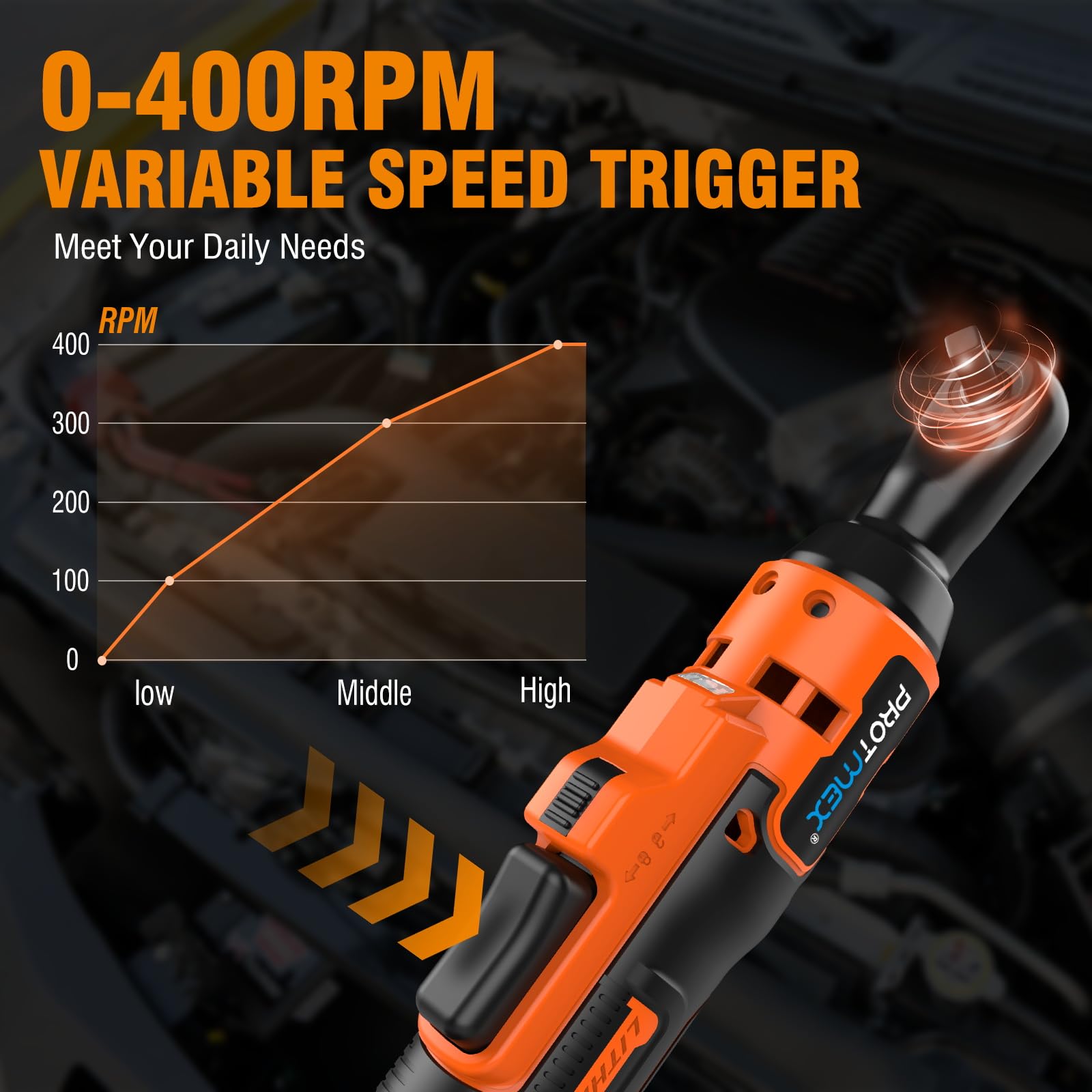 Protmex 3/8'' Cordless Ratchet Wrench, 60FT-LBS (80N.m) Electric Ratchet with 21V 2 X 2.0Ah Battery, 400 RPM Chargeable Power Ratchet Driver Set with 8 Sockets,1/4 Adaptor, 3" Extension Bar