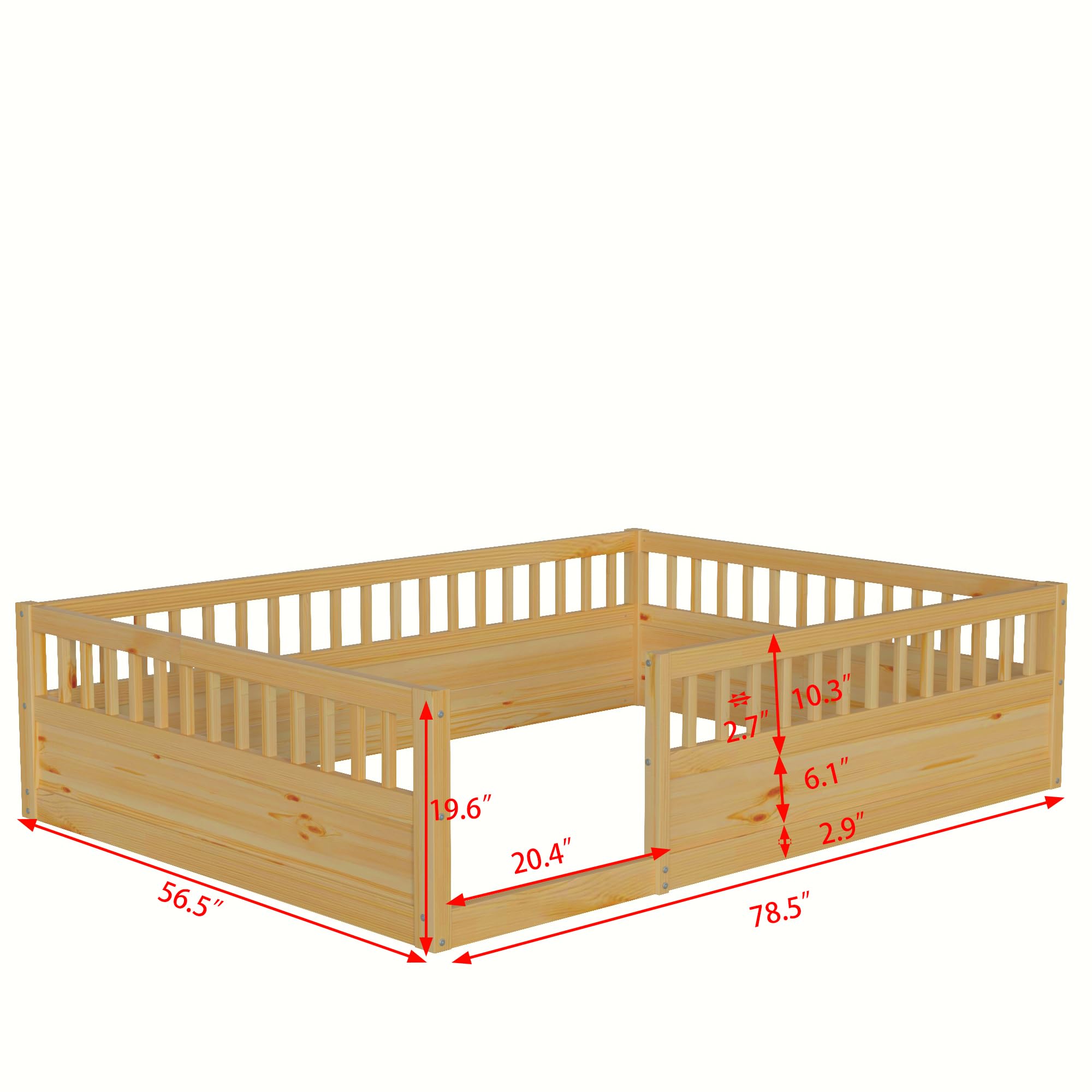 KEIKI Full Floor Bed Frame with Fence, Wood Kids Floor Beds Frame for Bedroom Playroom,Natural