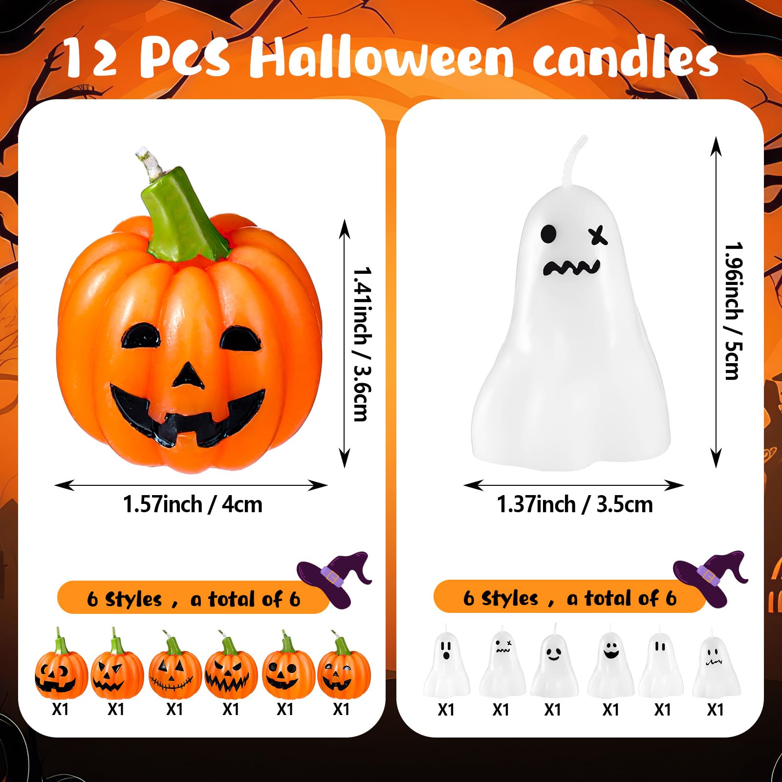 MTLEE 12 Pcs Halloween Ghost Candles Cute White Ghost Candle Spooky Halloween Pumpkin Candles Aesthetic Ghost Decor Goth Gifts for Room Home Bedroom Table Decorations, 12 Styles