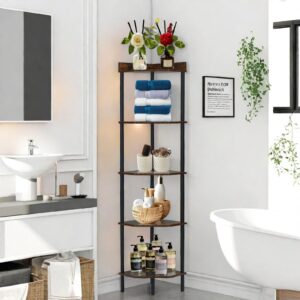 Corner Shelf Stand, Tall Corner Book Shelf Industrial 5 Tier Corner Display Rack Multipurpose Shelving Unit Corner Bookcase for Small Spaces Living Room Bedroom Home Office (Rustic Brown-5-Tier)