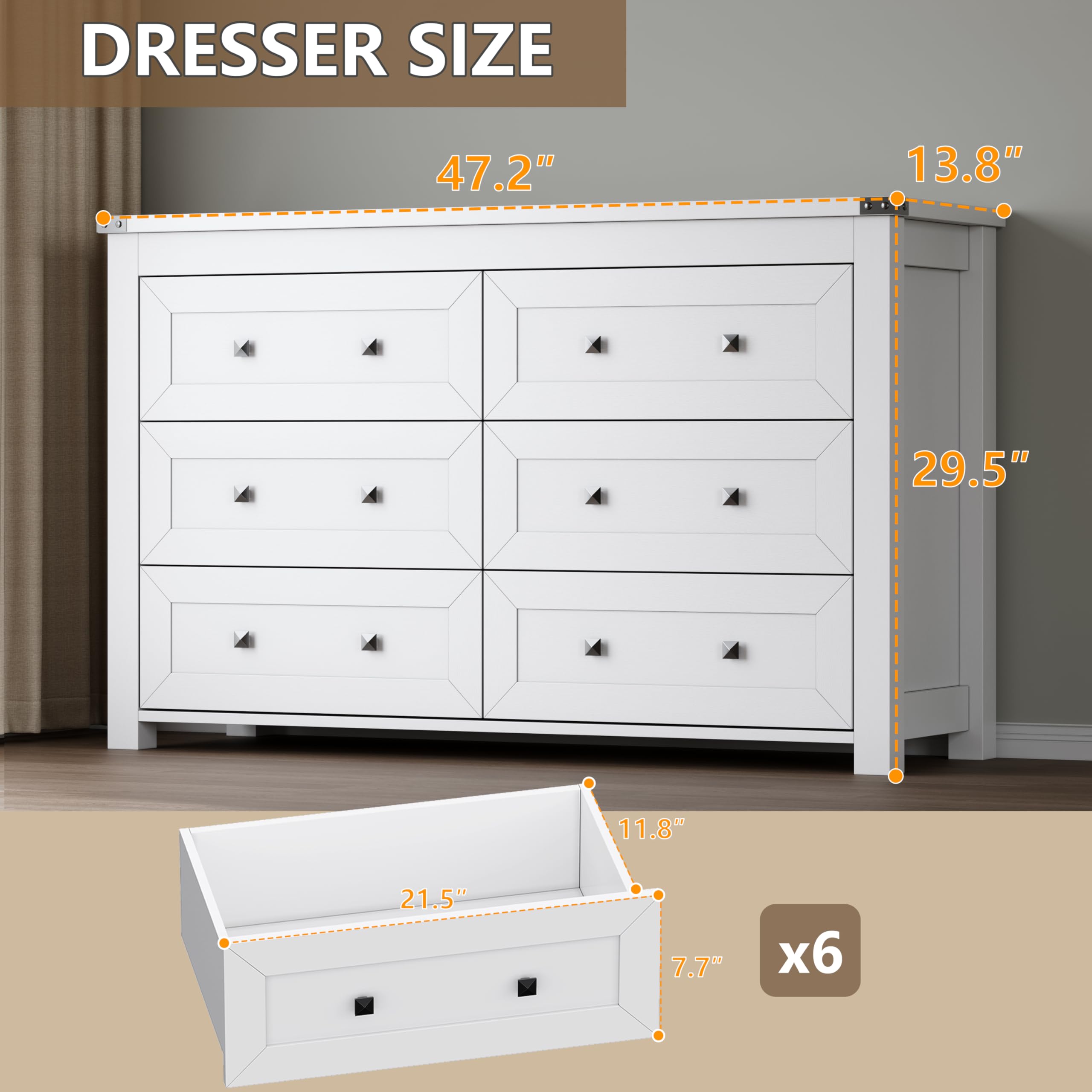 BORNOON 6-Drawer Dresser for Bedroom, Chest of Drawers with Ample Storage, Modern Farmhouse-Style Wooden Dresser for Bedroom, Hallway, Entryway, Closet