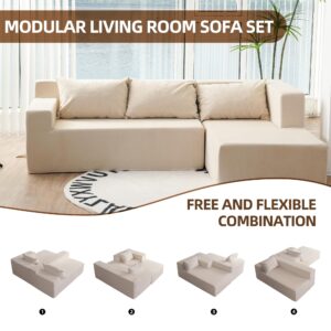 JOYBASE Modular Sectional L-Shaped Sofa Cloud Couch, Modern Minimalist 3-Seat Couch with Right-Hand Facing Chaise for Living Room Office, No Assembly Required (Khaki)