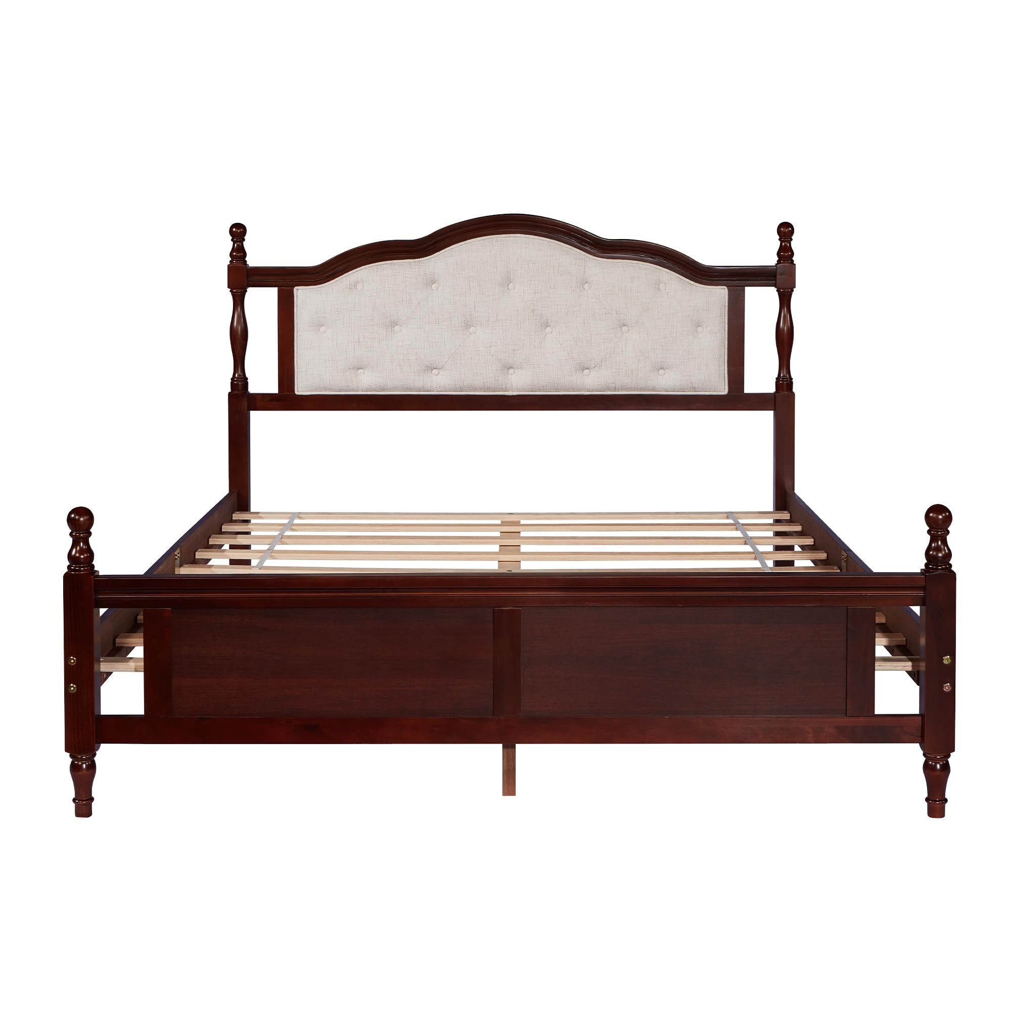 MKABAK Queen Size Bed Frame with Upholstered Headboard and Panel Footboard, Rustic Retro Style Pine Wood Platform Bed with Slat, No Box Spring Needed, Classic Cherry