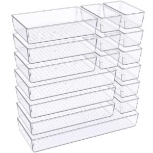 cermenk 16 pack large clear drawer organizer,bathroom drawer organizer trays,4 size plastic kitchen drawer organizer and storage,acrylic vanity storage bins for kitchen utensils,office,makeup