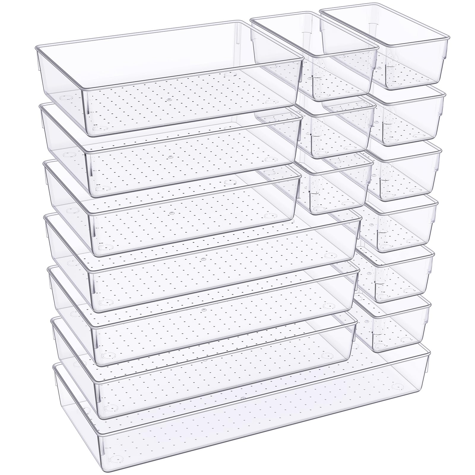 CERMENK 16 Pack Large Clear Drawer Organizer,Bathroom Drawer Organizer Trays,4 Size Plastic Kitchen Drawer Organizer and Storage,Acrylic Vanity Storage Bins for Kitchen Utensils,Office,Makeup