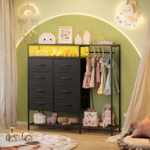 Black Dresser for Bedroom with 8 Drawers, Bedroom Dresser with Hanging Rack, Clothes Dresser with Led Lights, Closet Dresser with Charging Station, 47 Inch Dresser with Shelves for Bedroom, Closet