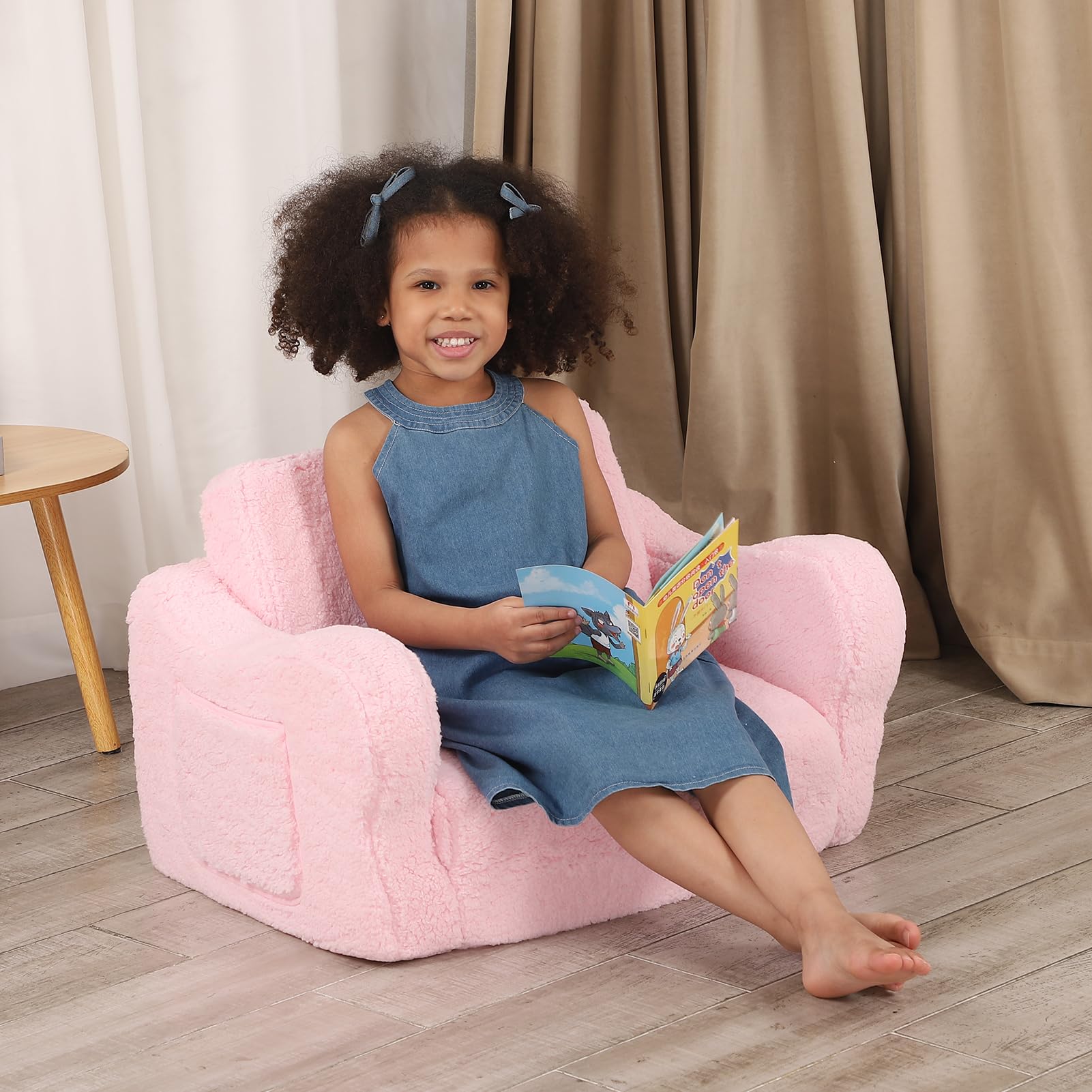 BestRoyal Comfy Toddler Chair, 2-in-1 Toddler Couch Fold Out, Convertible Sherpa Sofa to Lounger for Boys & Girls, Pink