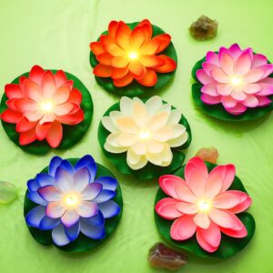 tujoe 6 pcs diwali lotus decoration floating lotus with lights plastic flower diwali artificial lotus traditional indian decor for diwali puja home outdoor party decoration (5.71 inch)