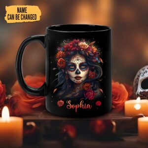 Hyturtle Personalized Sugar Skull Mug - Goth Skull Gifts For Women - Skull Mothers Day Gift - Sugar Skull Gift - Gothic Skull Gift - Skull Lover Gift - Skull Mug - Coffee Cup Ceramic Mug 11oz 15oz