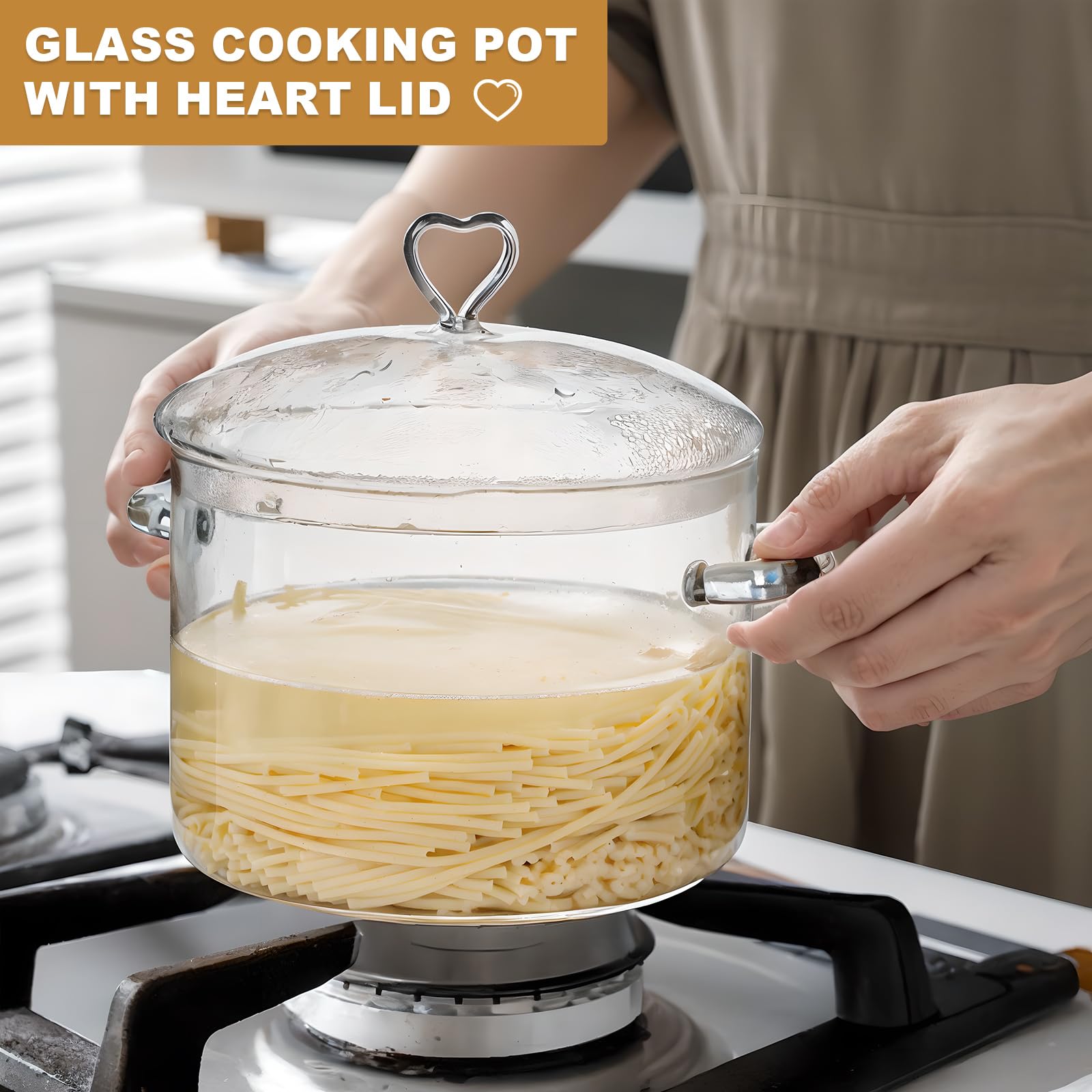 2.8L Glass Pot, Heart Shape Lid, 2800ml/3Qt/95oz, Simmer Pot, Heat Resistant Glass Pots for Cooking on Stove, Glass Cooking Pot, Borosilicate Glass Oven Gas Electric Stove Safe Soups Pasta Potpourri