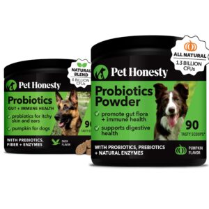 pet honesty probiotics bundle: dog probiotics for diarrhea & bowel support chews & powder with digestive enzymes for gut health (duck 90 ct)