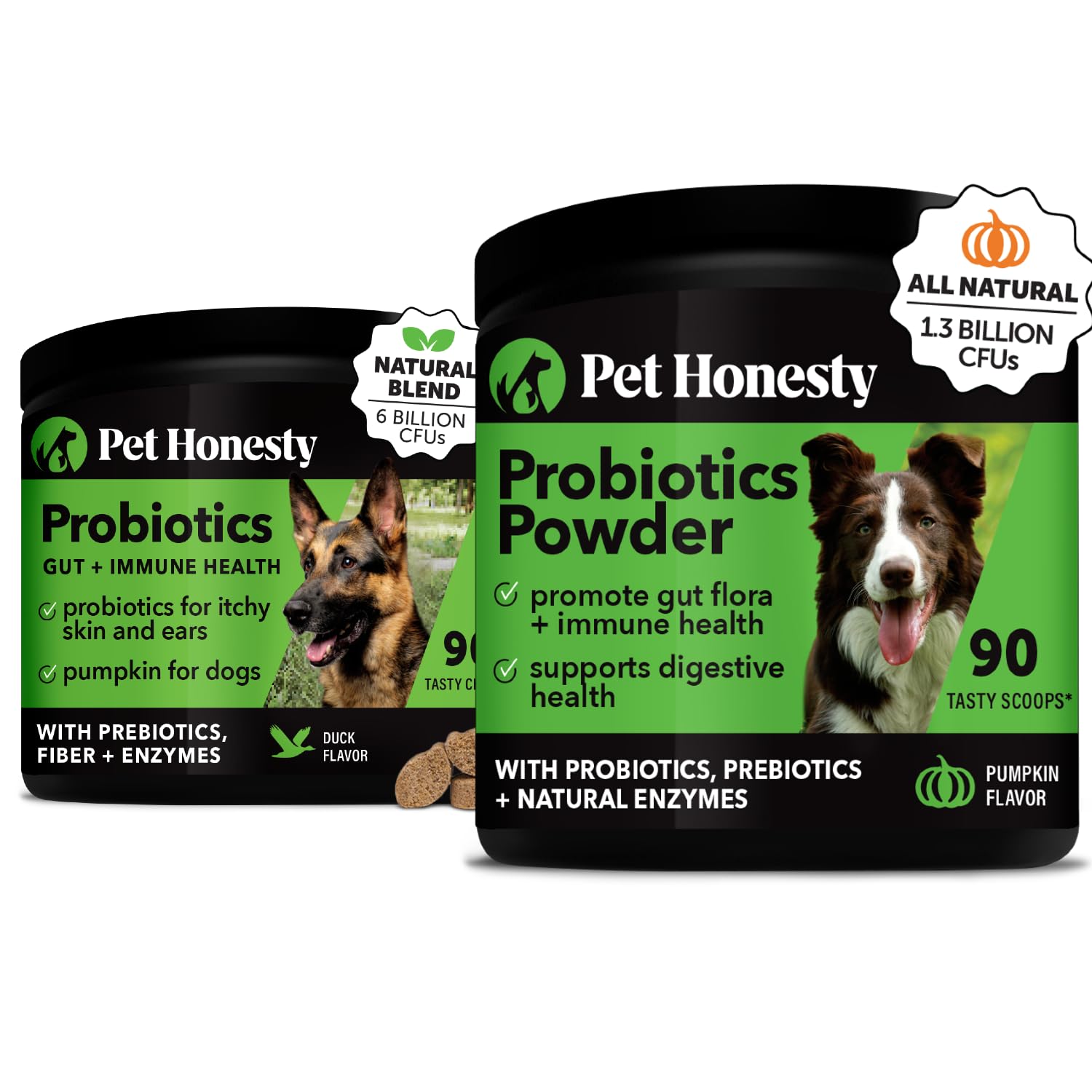 Pet Honesty Probiotics Bundle: Dog Probiotics for Diarrhea & Bowel Support Chews & Powder with Digestive Enzymes for Gut Health (Duck 90 ct)