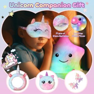 YLYYCC Unicorns Gifts Set for Girls Kids Age 6 7 8 9 10 Years Old, Unicorn Toys with Plush Star Light Up Pillow- Diary- Headband- Sleep Mask- KeyChain-Water Bottle, Teens Birthday Christmas Gift Ideas