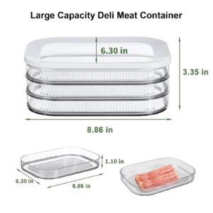 Deli Meat Container for Fridge, Lunch Meat Container with Lids for Refrigerator, 3 Layer Stackable Meal Prep Containers, Food Storage Boxes for Bacon, Cheese, Ham, Cold Cuts, Salami, Clear 1Pack