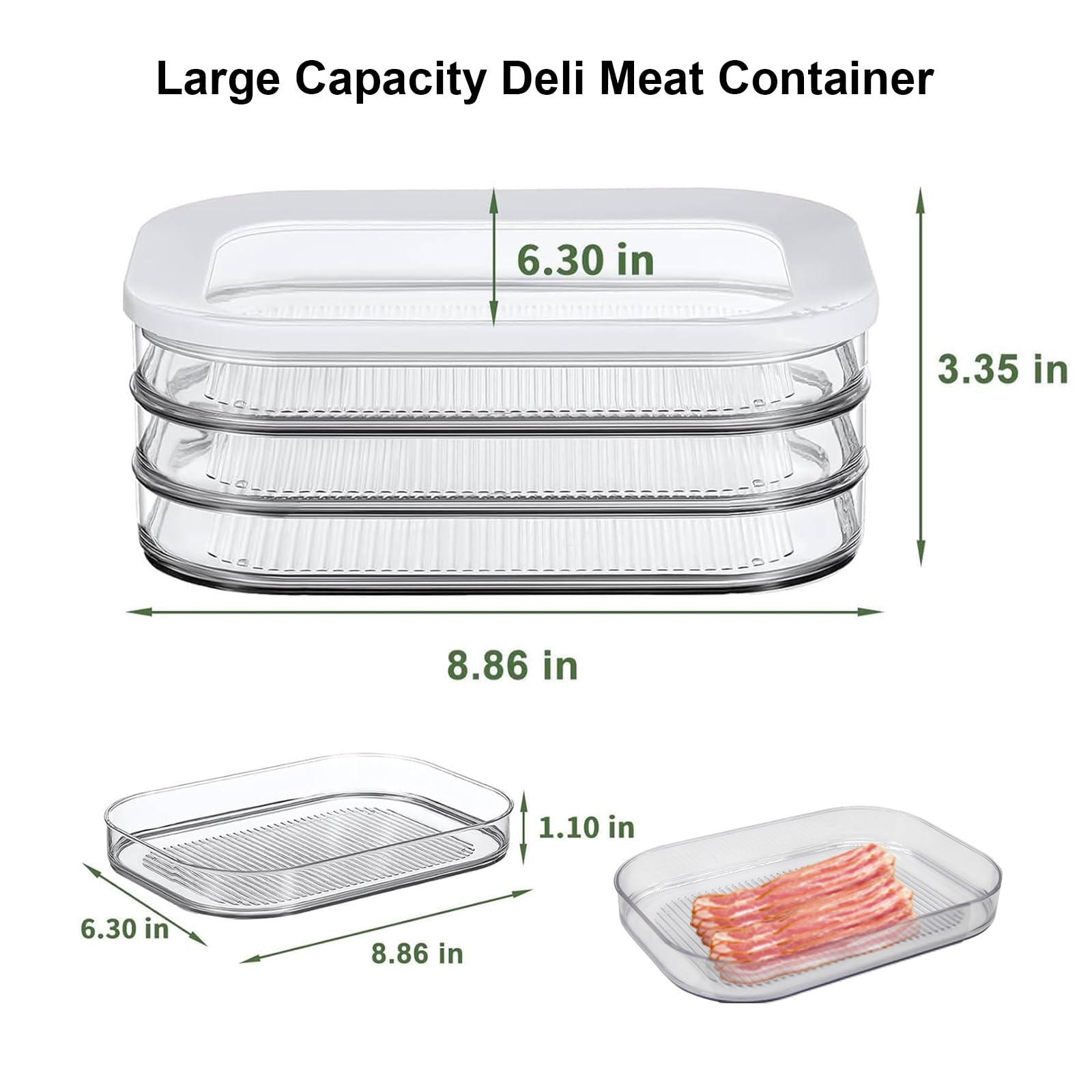 Deli Meat Container for Fridge, Lunch Meat Container with Lids for Refrigerator, 3 Layer Stackable Meal Prep Containers, Food Storage Boxes for Bacon, Cheese, Ham, Cold Cuts, Salami, Clear 1Pack