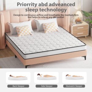 6 Inch King Size Mattress with Innerspring and Foam, Hybrid Mattress King with Fiberglass Free, Medium Firm Spring Mattress, King Size Mattress in A Box, Pressure Relief, 80"L X 76"W X 6"Th, White