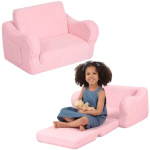 bestroyal comfy toddler chair, 2-in-1 toddler couch fold out, convertible sherpa sofa to lounger for boys & girls, pink