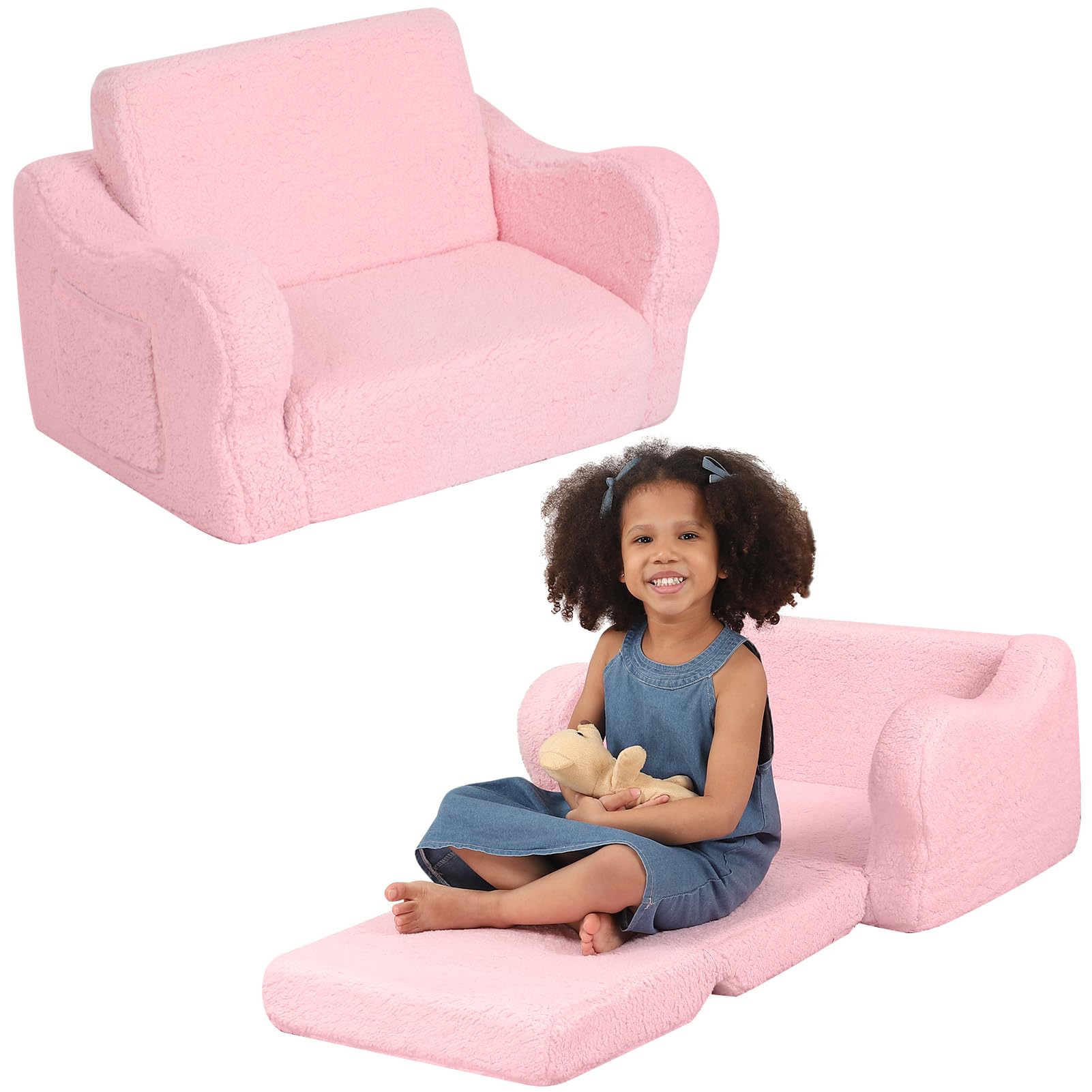 BestRoyal Comfy Toddler Chair, 2-in-1 Toddler Couch Fold Out, Convertible Sherpa Sofa to Lounger for Boys & Girls, Pink