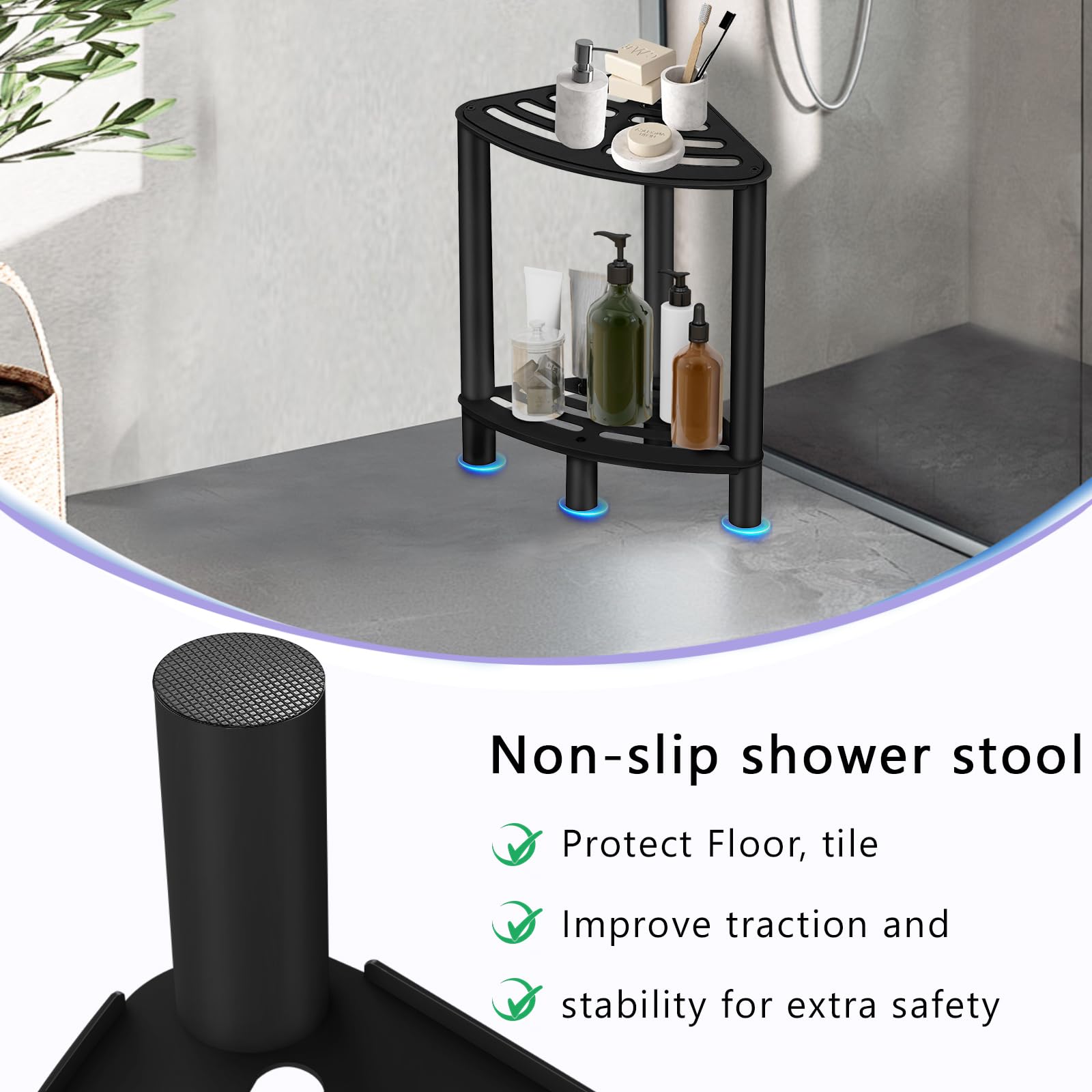 Stianless Steel Corner Shower Stool, Bathroom Shower Bench Corner, Shower Stool for Shaving Legs, Matte Black Waterproof Shower Stool, Small Step Stools with Rubber Cushion, Corner Shower Bench