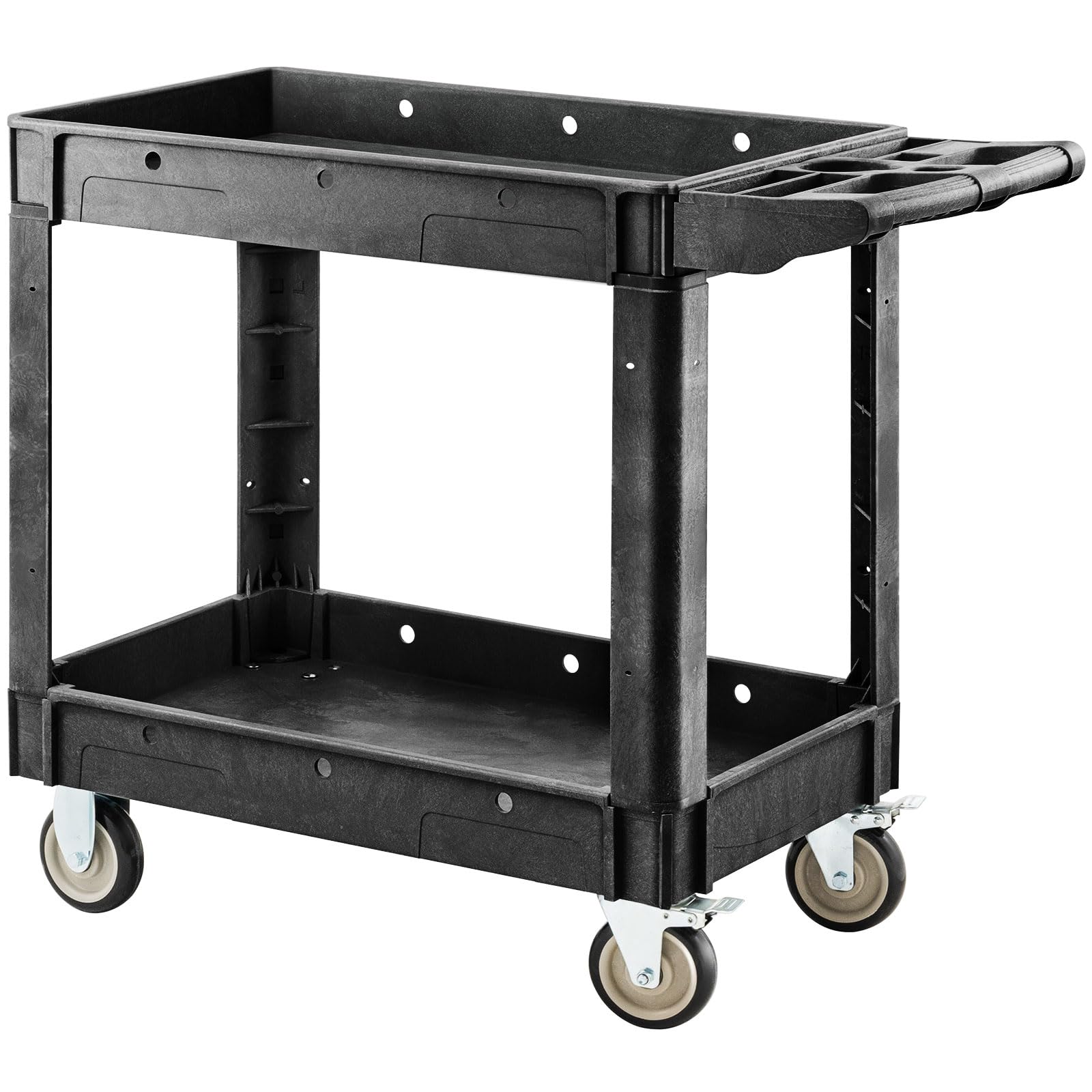 LoJok 640 LBS Capacity Heavy Duty Utility Cart with Wheels, Plastic 2-Tier RollingTool Cart Black, 360° Universal Wheels with 2 Brakes for Warehouse, Garage