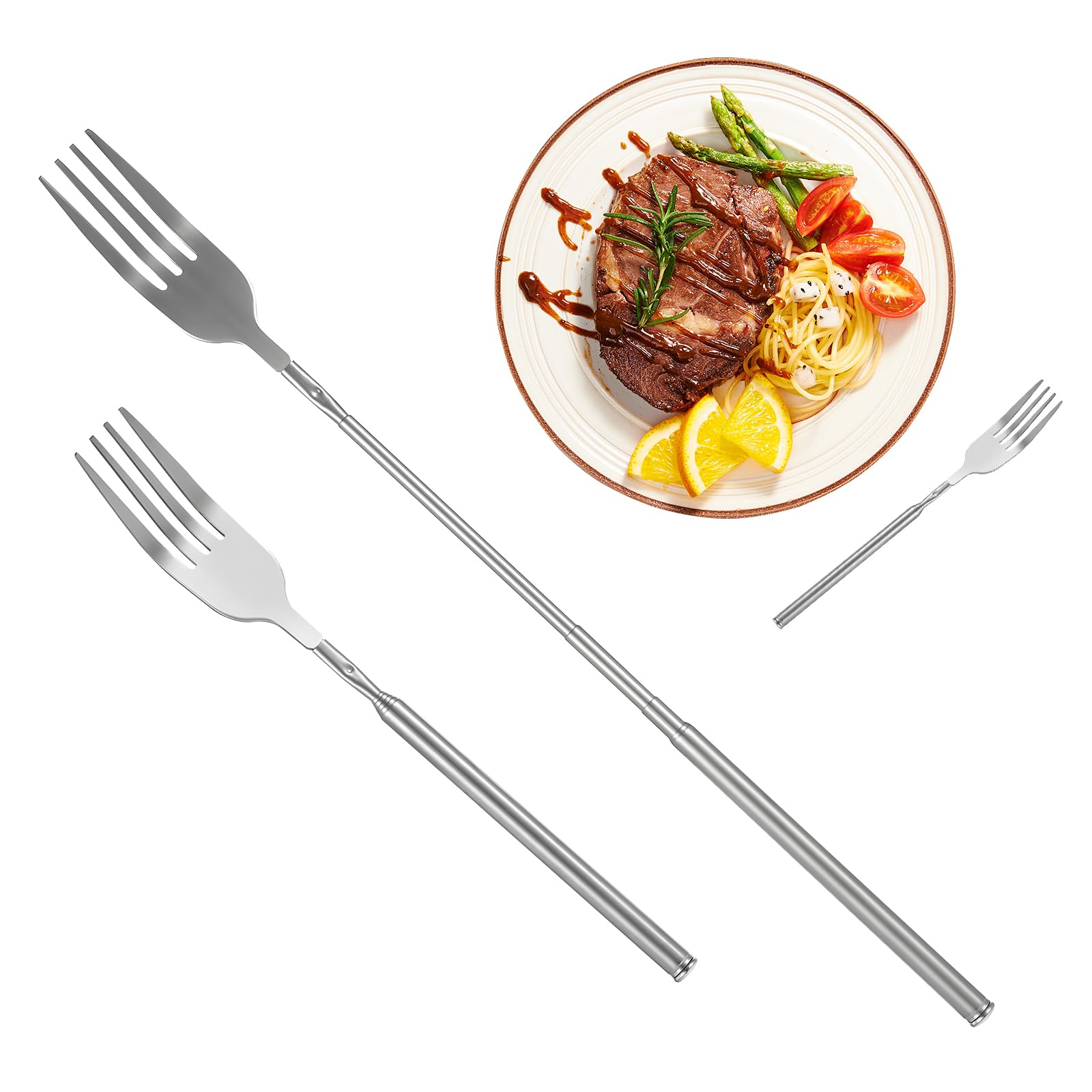 Gjinxi Telescopic Extendable Long Fork, Stainless Retractable Extended Telescoping Fork, Long Extension Dinner Forks for Eating, Extending Fork for Dinner Fruit Dessert Fork 8.6~25.6in (1pc)