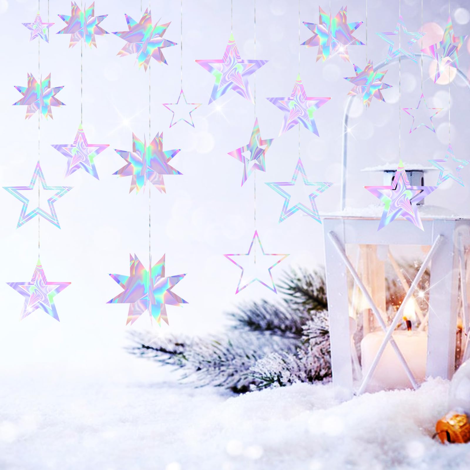 Fumwase Iridescent Star Party Decoration 3D Star Decorations Hanging Paper Garland Holographic Twinkle Little Stars Garlands for Christmas Graduation New Year Birthday Bachelorette (Iridescent)