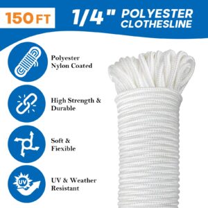 Outdoor Clothesline Kit, 150ft Polyester Clothesline Rope Heavy Duty, Clothes Line Pulley, Nylon Clothesline Pulley Kit, Clotheslines S Separator Spreader, Clothesline Tightener, Hooks