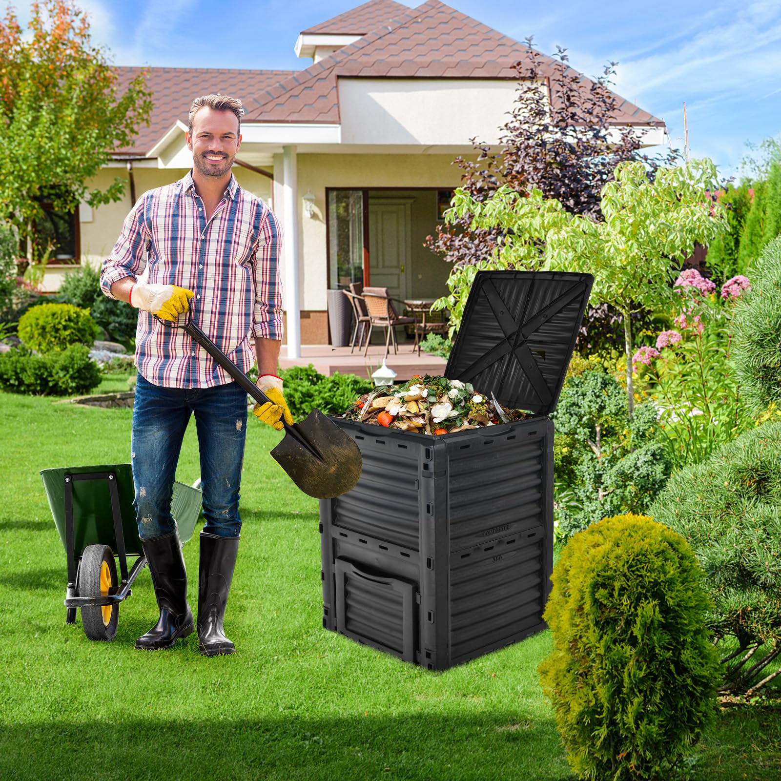 Goplus Compost Bin, 80 Gallon (300 L) Large Outdoor Composting Box w/Top Flip Latch-on Lid, Bottom Exit Door, BPA Free Material, Grass Food Trash Composter Barrel for Garden Yard (Black)