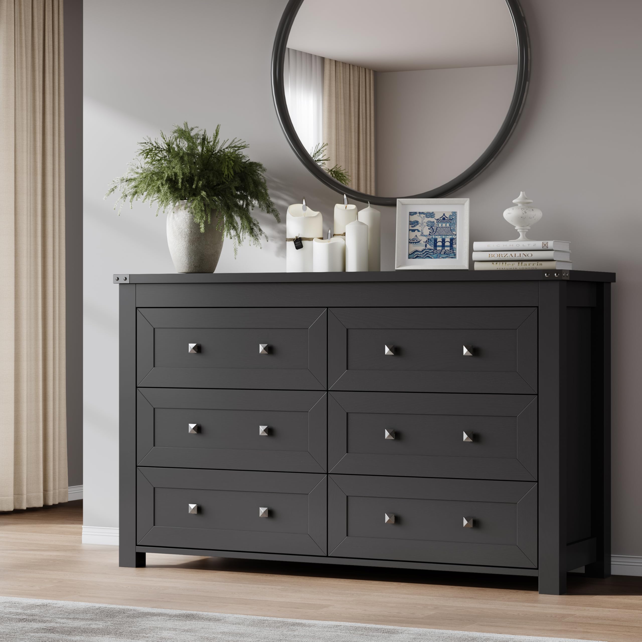 BORNOON 6-Drawer Dresser for Bedroom, Chest of Drawers with Ample Storage, Modern Farmhouse-Style Wooden Dresser for Bedroom, Hallway, Entryway, Closet