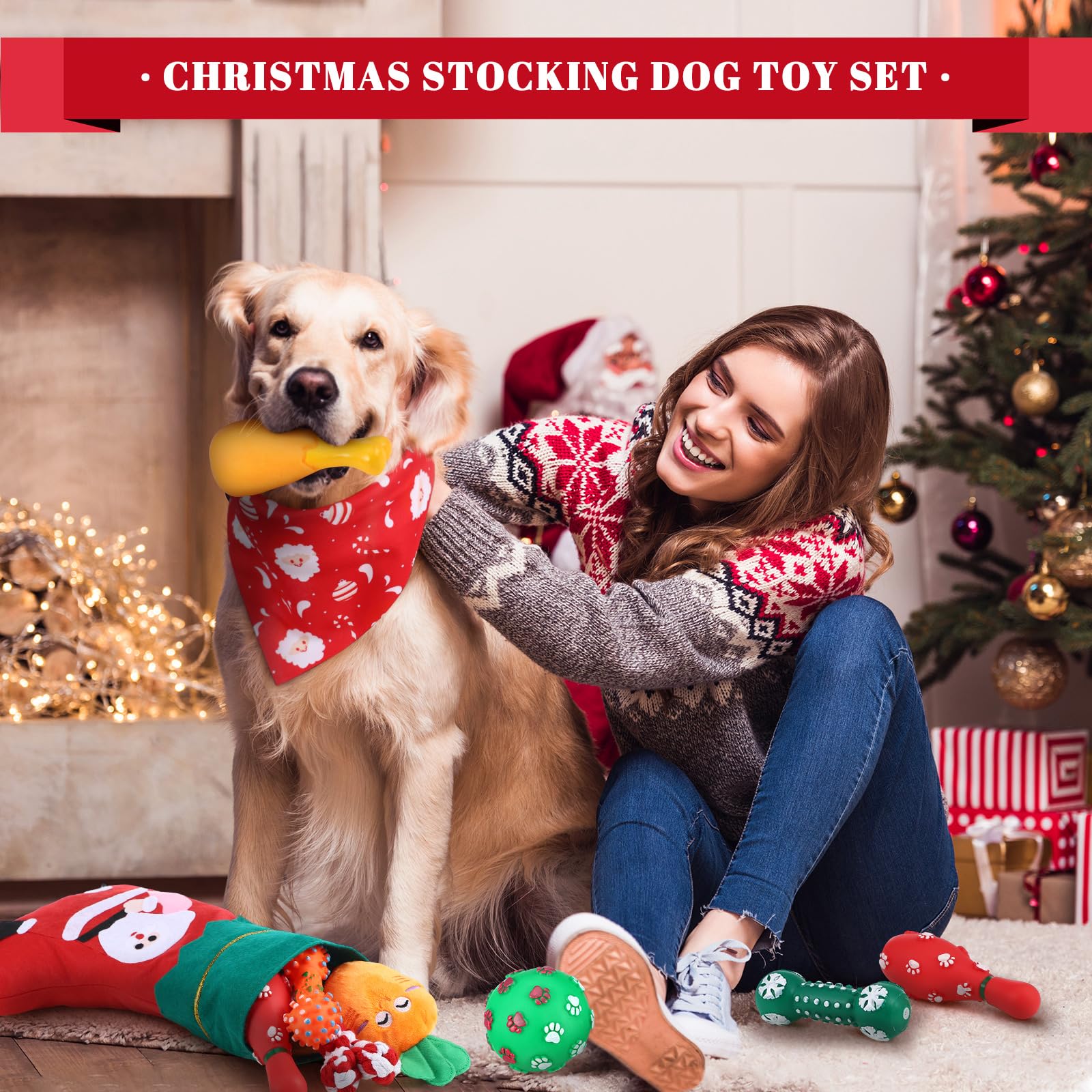 Talltalk 18 Pcs Dog Christmas Stocking with Toys Puppy Chew Toys Set for Small Medium Dogs Squeaky Xmas Puppy Chew Toys Colored Interactive Toys Dogs Training Dental Health Cotton Rope Toys Xmas Gifts