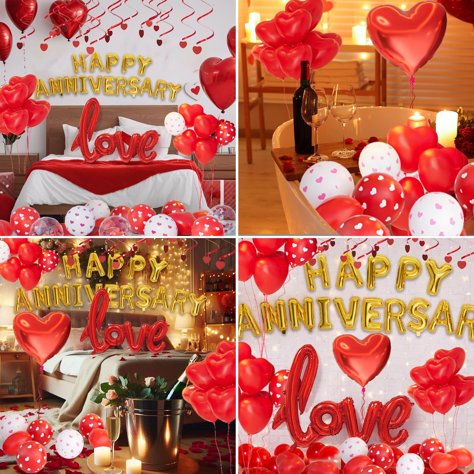 Anniversary Decorations Valentines Day Decorations Valentines Day Balloons with Happy Anniversary Banner Heart Balloons Heart Hanging String Rose Petals for Valentines Romantic Decorations