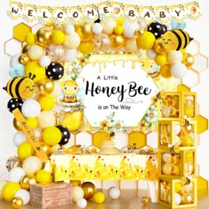 party inspo bee baby shower decorations, bumble bee baby shower decor, a little honey is on the way backdrop balloon banner tablecloth cake cupcake topper box sash cutouts