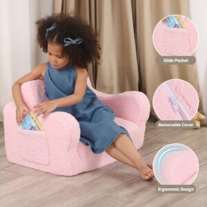 BestRoyal Comfy Toddler Chair, 2-in-1 Toddler Couch Fold Out, Convertible Sherpa Sofa to Lounger for Boys & Girls, Pink